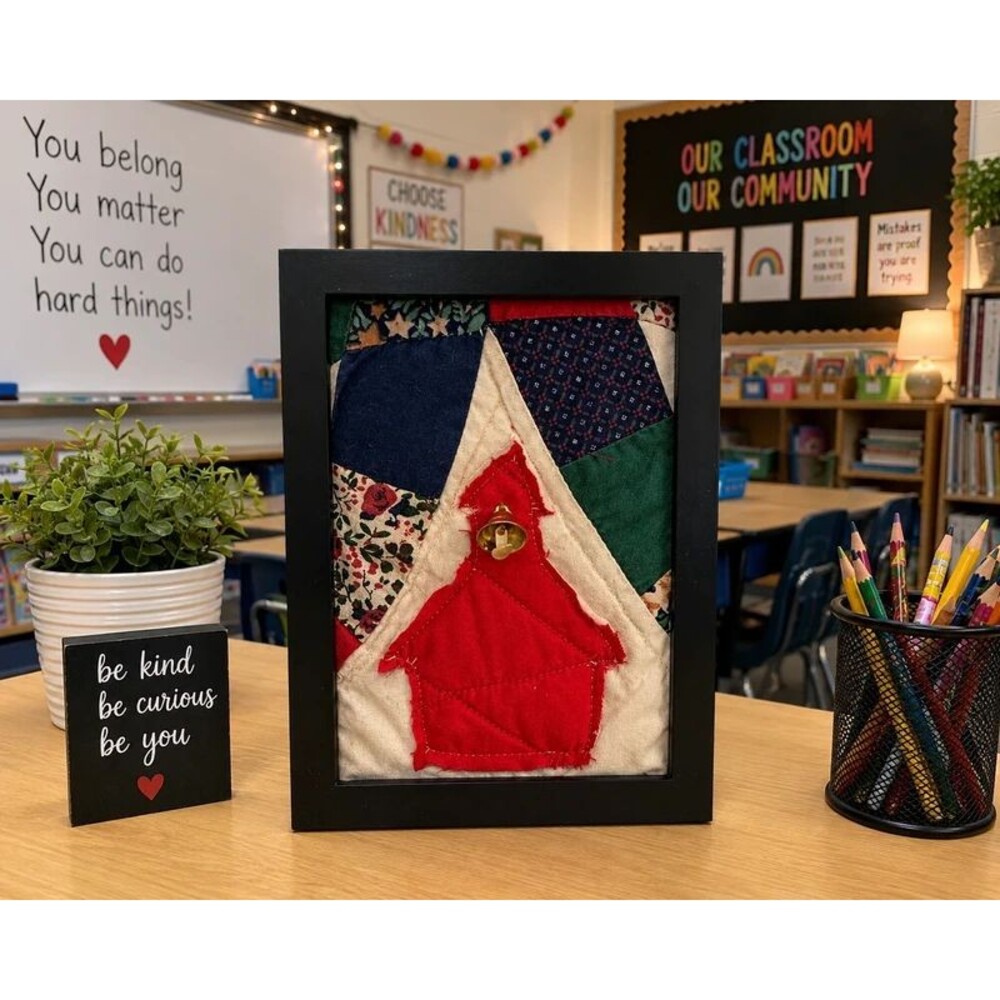 Upcycled Teacher Gift little red schoolhouse vintage quilt block in 5x7" frame
